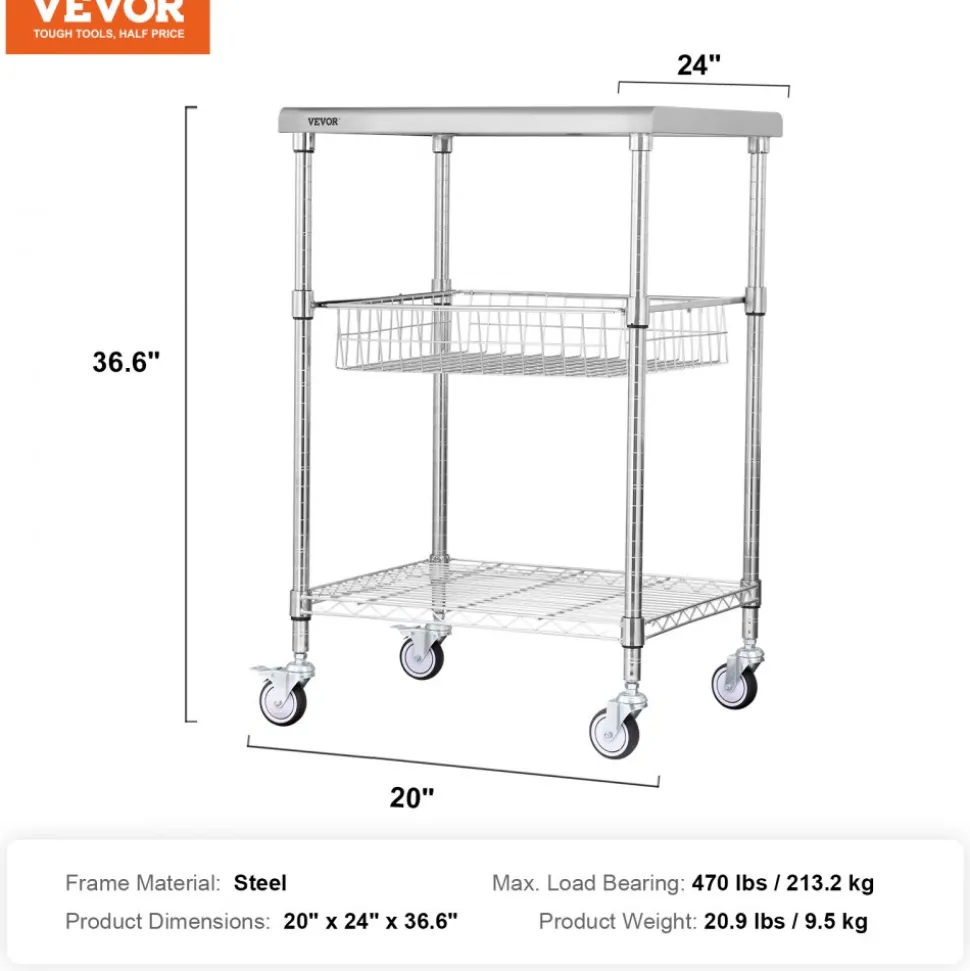 VEVOR Kitchen Utility Cart, 3 Tiers, Wire Rolling Cart with 470LBS Capacity, Steel Service Cart on Wheels, Metal Storage Trolley with 76mm Basket Curved Handle PP Liner 6 Hooks, for Indoor and Outdoor