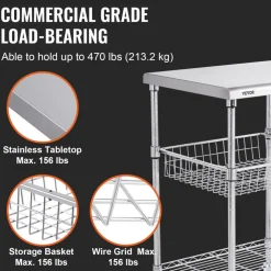 VEVOR Kitchen Utility Cart, 3 Tiers, Wire Rolling Cart with 470LBS Capacity, Steel Service Cart on Wheels, Metal Storage Trolley with 76mm Basket Curved Handle PP Liner 6 Hooks, for Indoor and Outdoor