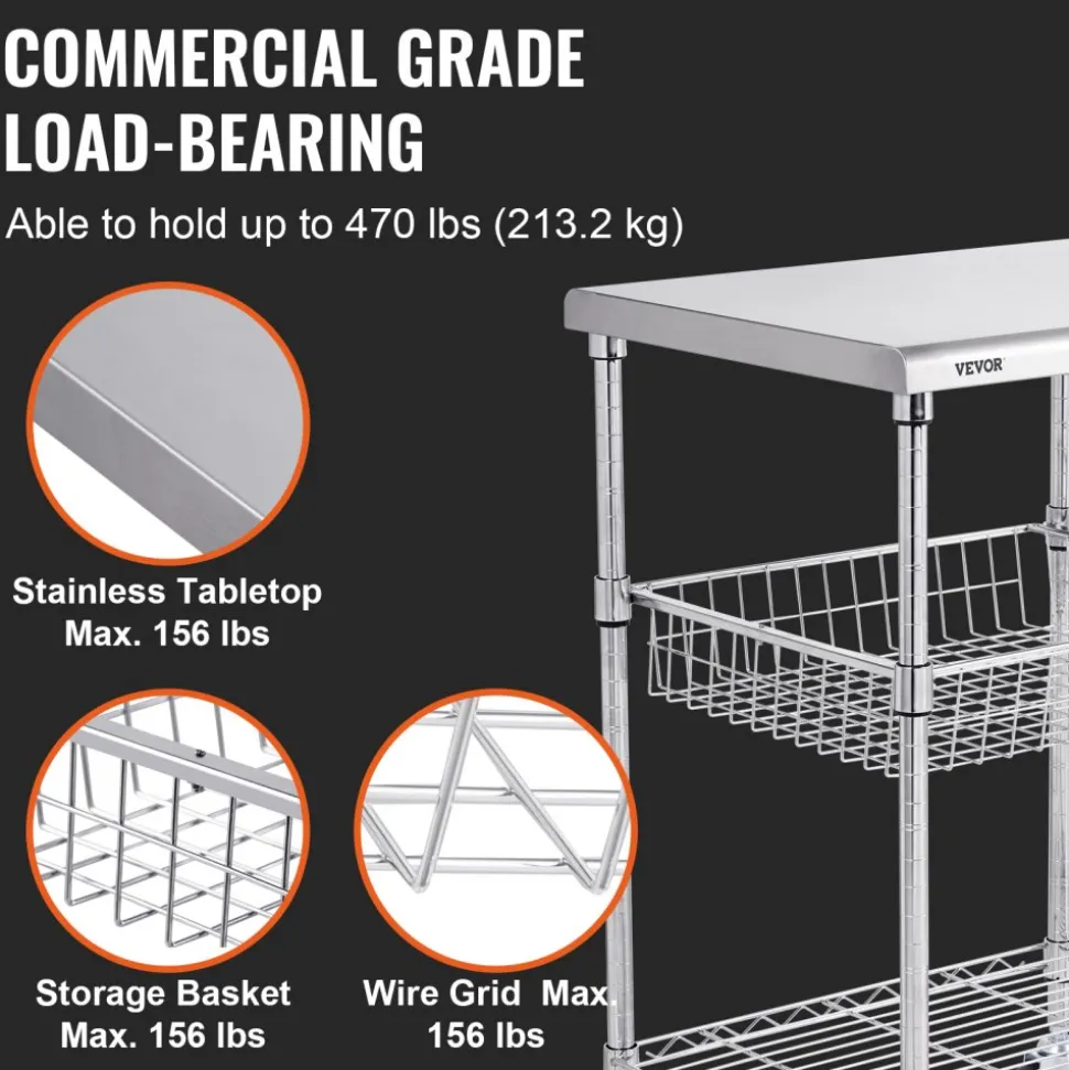 VEVOR Kitchen Utility Cart, 3 Tiers, Wire Rolling Cart with 470LBS Capacity, Steel Service Cart on Wheels, Metal Storage Trolley with 76mm Basket Curved Handle PP Liner 6 Hooks, for Indoor and Outdoor