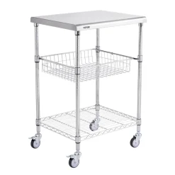 VEVOR Kitchen Utility Cart, 3 Tiers, Wire Rolling Cart with 470LBS Capacity, Steel Service Cart on Wheels, Metal Storage Trolley with 76mm Basket Curved Handle PP Liner 6 Hooks, for Indoor and Outdoor
