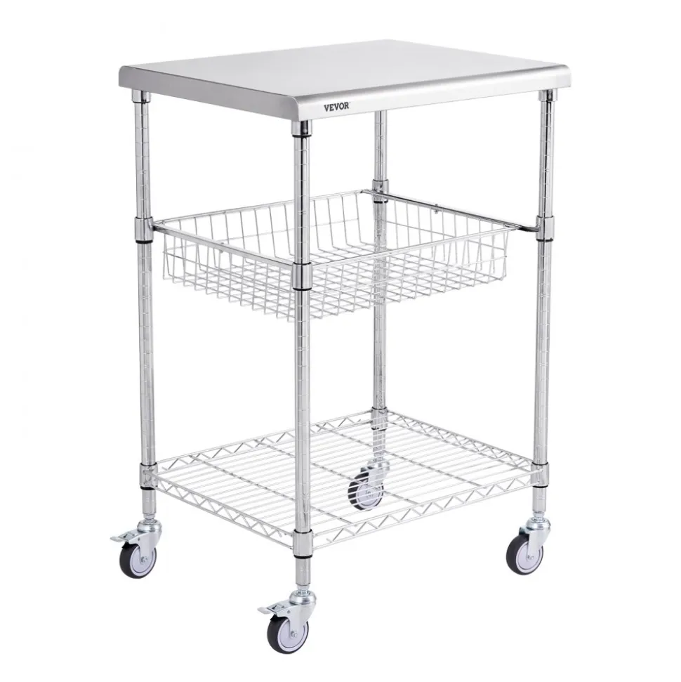 VEVOR Kitchen Utility Cart, 3 Tiers, Wire Rolling Cart with 470LBS Capacity, Steel Service Cart on Wheels, Metal Storage Trolley with 76mm Basket Curved Handle PP Liner 6 Hooks, for Indoor and Outdoor