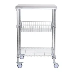 VEVOR Kitchen Utility Cart, 3 Tiers, Wire Rolling Cart with 470LBS Capacity, Steel Service Cart on Wheels, Metal Storage Trolley with 76mm Basket Curved Handle PP Liner 6 Hooks, for Indoor and Outdoor