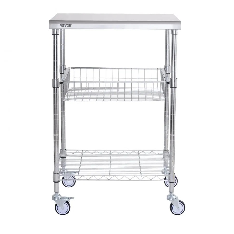 VEVOR Kitchen Utility Cart, 3 Tiers, Wire Rolling Cart with 470LBS Capacity, Steel Service Cart on Wheels, Metal Storage Trolley with 76mm Basket Curved Handle PP Liner 6 Hooks, for Indoor and Outdoor