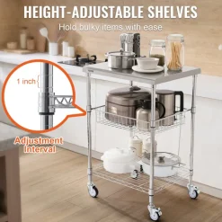 VEVOR Kitchen Utility Cart, 3 Tiers, Wire Rolling Cart with 470LBS Capacity, Steel Service Cart on Wheels, Metal Storage Trolley with 76mm Basket Curved Handle PP Liner 6 Hooks, for Indoor and Outdoor