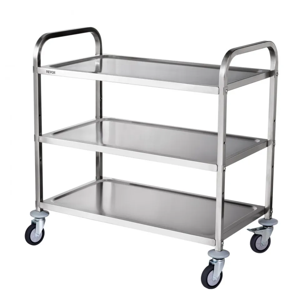 VEVOR Kitchen Utility Cart, 3 Tiers, Wire Rolling Cart with 450LBS Capacity, Steel Service Cart on Wheels, Metal Storage Trolley with 80mm Basket Curved Handle PP Liner 6 Hooks, for Indoor and Outdoor