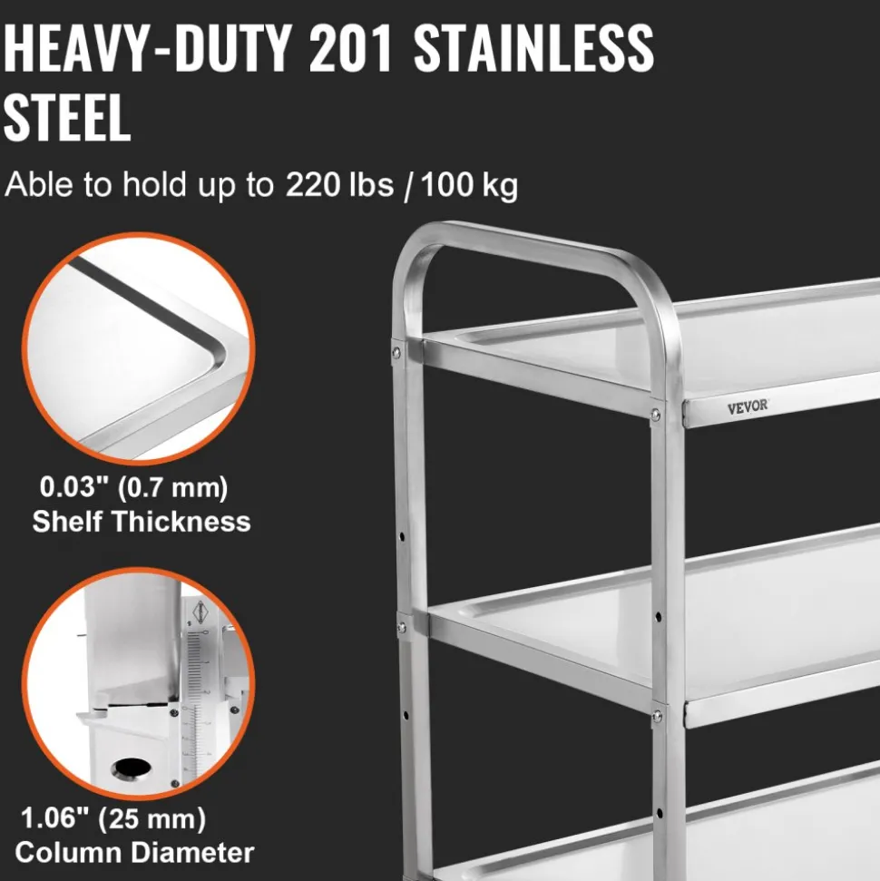VEVOR Kitchen Utility Cart, 3 Tiers, Wire Rolling Cart with 450LBS Capacity, Steel Service Cart on Wheels, Metal Storage Trolley with 80mm Basket Curved Handle PP Liner 6 Hooks, for Indoor and Outdoor