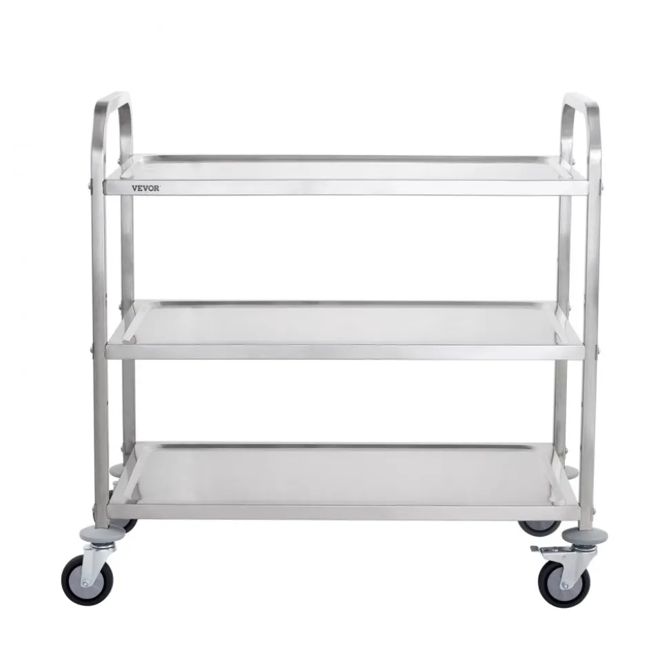 VEVOR Kitchen Utility Cart, 3 Tiers, Wire Rolling Cart with 450LBS Capacity, Steel Service Cart on Wheels, Metal Storage Trolley with 80mm Basket Curved Handle PP Liner 6 Hooks, for Indoor and Outdoor