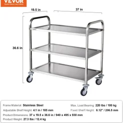 VEVOR Kitchen Utility Cart, 3 Tiers, Wire Rolling Cart with 450LBS Capacity, Steel Service Cart on Wheels, Metal Storage Trolley with 80mm Basket Curved Handle PP Liner 6 Hooks, for Indoor and Outdoor