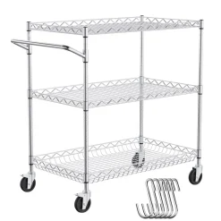 VEVOR Kitchen Utility Cart, 3 Tiers, Wire Rolling Cart with 661LBS Capacity, Steel Service Cart on Wheels, Metal Storage Trolley with 80mm Deep Basket Curved Handle 6 Hooks, for Indoor and Outdoor Use
