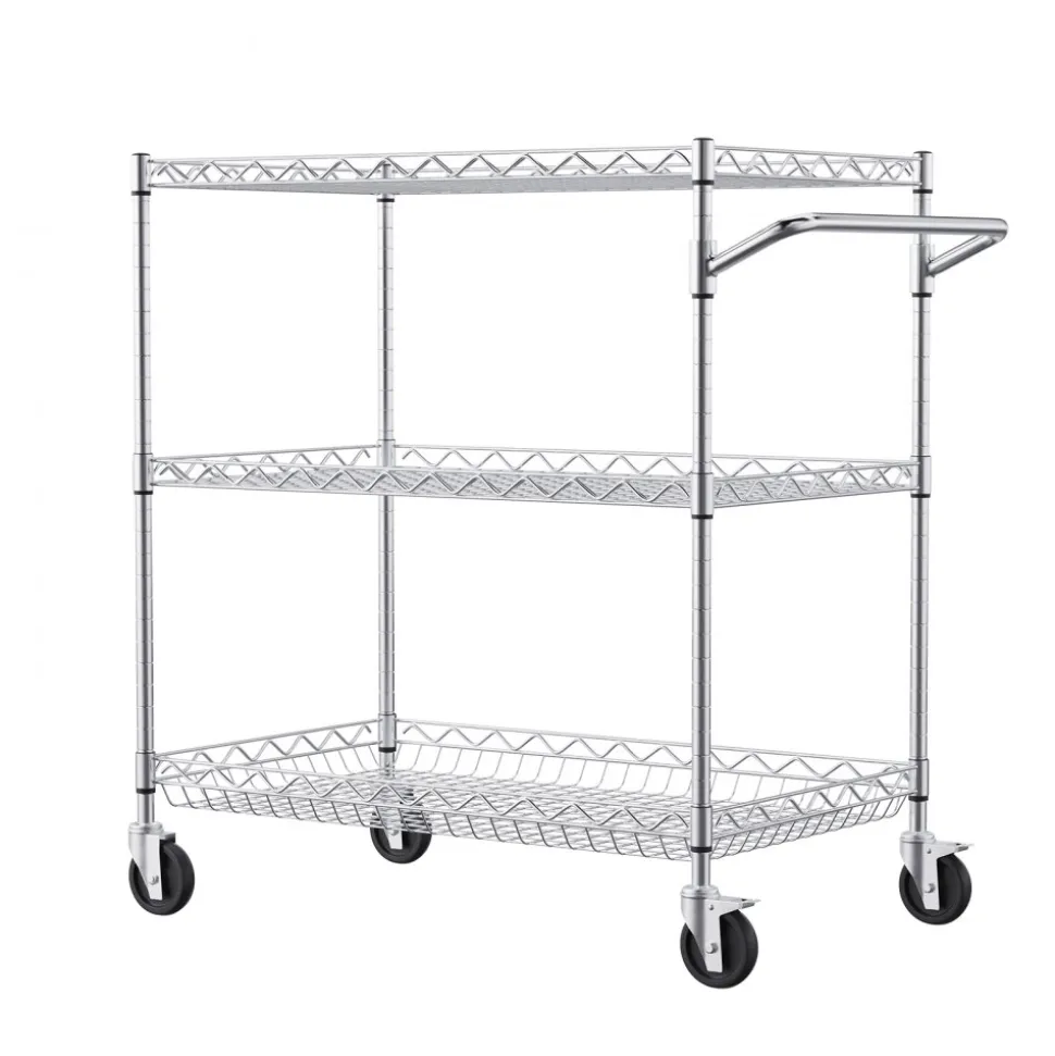 VEVOR Kitchen Utility Cart, 3 Tiers, Wire Rolling Cart with 661LBS Capacity, Steel Service Cart on Wheels, Metal Storage Trolley with 80mm Deep Basket Curved Handle 6 Hooks, for Indoor and Outdoor Use