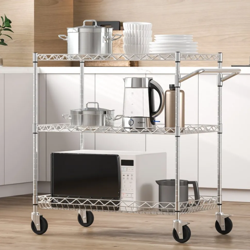 VEVOR Kitchen Utility Cart, 3 Tiers, Wire Rolling Cart with 661LBS Capacity, Steel Service Cart on Wheels, Metal Storage Trolley with 80mm Deep Basket Curved Handle 6 Hooks, for Indoor and Outdoor Use