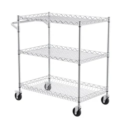 VEVOR Kitchen Utility Cart, 3 Tiers, Wire Rolling Cart with 661LBS Capacity, Steel Service Cart on Wheels, Metal Storage Trolley with 80mm Deep Basket Curved Handle 6 Hooks, for Indoor and Outdoor Use