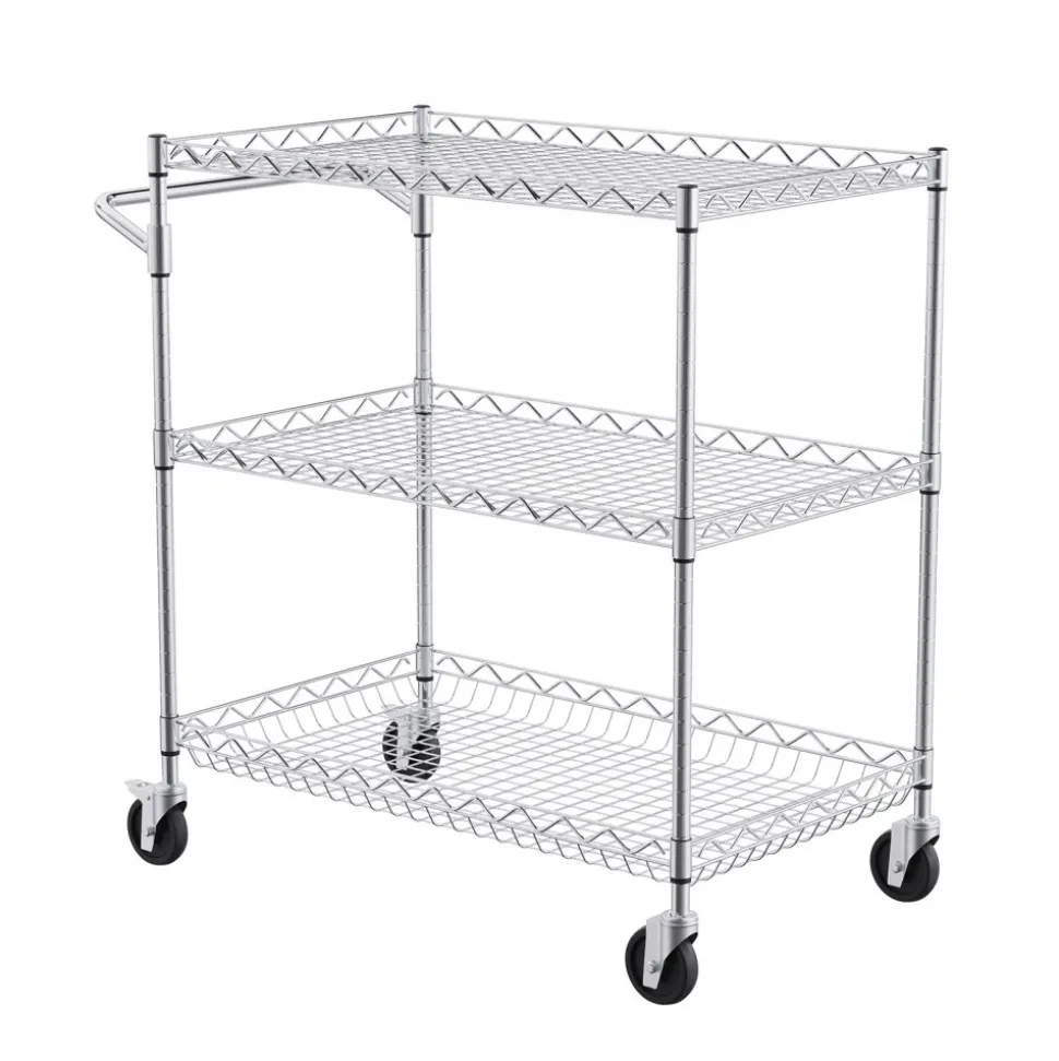 VEVOR Kitchen Utility Cart, 3 Tiers, Wire Rolling Cart with 661LBS Capacity, Steel Service Cart on Wheels, Metal Storage Trolley with 80mm Deep Basket Curved Handle 6 Hooks, for Indoor and Outdoor Use