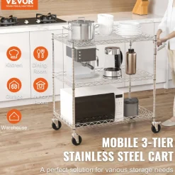 VEVOR Kitchen Utility Cart, 3 Tiers, Wire Rolling Cart with 661LBS Capacity, Steel Service Cart on Wheels, Metal Storage Trolley with 80mm Deep Basket Curved Handle 6 Hooks, for Indoor and Outdoor Use