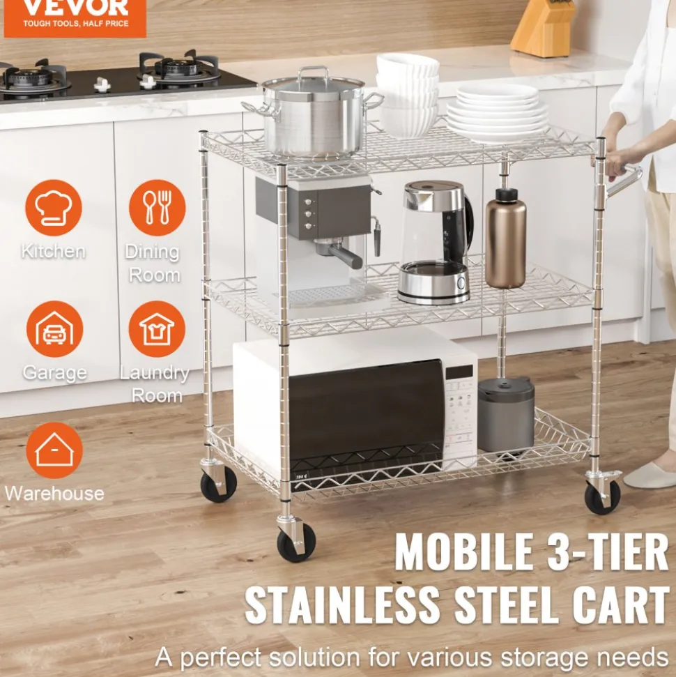VEVOR Kitchen Utility Cart, 3 Tiers, Wire Rolling Cart with 661LBS Capacity, Steel Service Cart on Wheels, Metal Storage Trolley with 80mm Deep Basket Curved Handle 6 Hooks, for Indoor and Outdoor Use