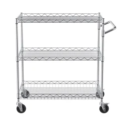 VEVOR Kitchen Utility Cart, 3 Tiers, Wire Rolling Cart with 661LBS Capacity, Steel Service Cart on Wheels, Metal Storage Trolley with 80mm Deep Basket Curved Handle 6 Hooks, for Indoor and Outdoor Use