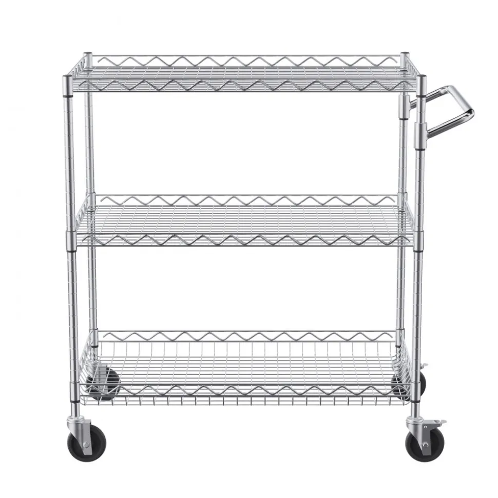 VEVOR Kitchen Utility Cart, 3 Tiers, Wire Rolling Cart with 661LBS Capacity, Steel Service Cart on Wheels, Metal Storage Trolley with 80mm Deep Basket Curved Handle 6 Hooks, for Indoor and Outdoor Use