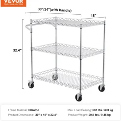 VEVOR Kitchen Utility Cart, 3 Tiers, Wire Rolling Cart with 661LBS Capacity, Steel Service Cart on Wheels, Metal Storage Trolley with 80mm Deep Basket Curved Handle 6 Hooks, for Indoor and Outdoor Use