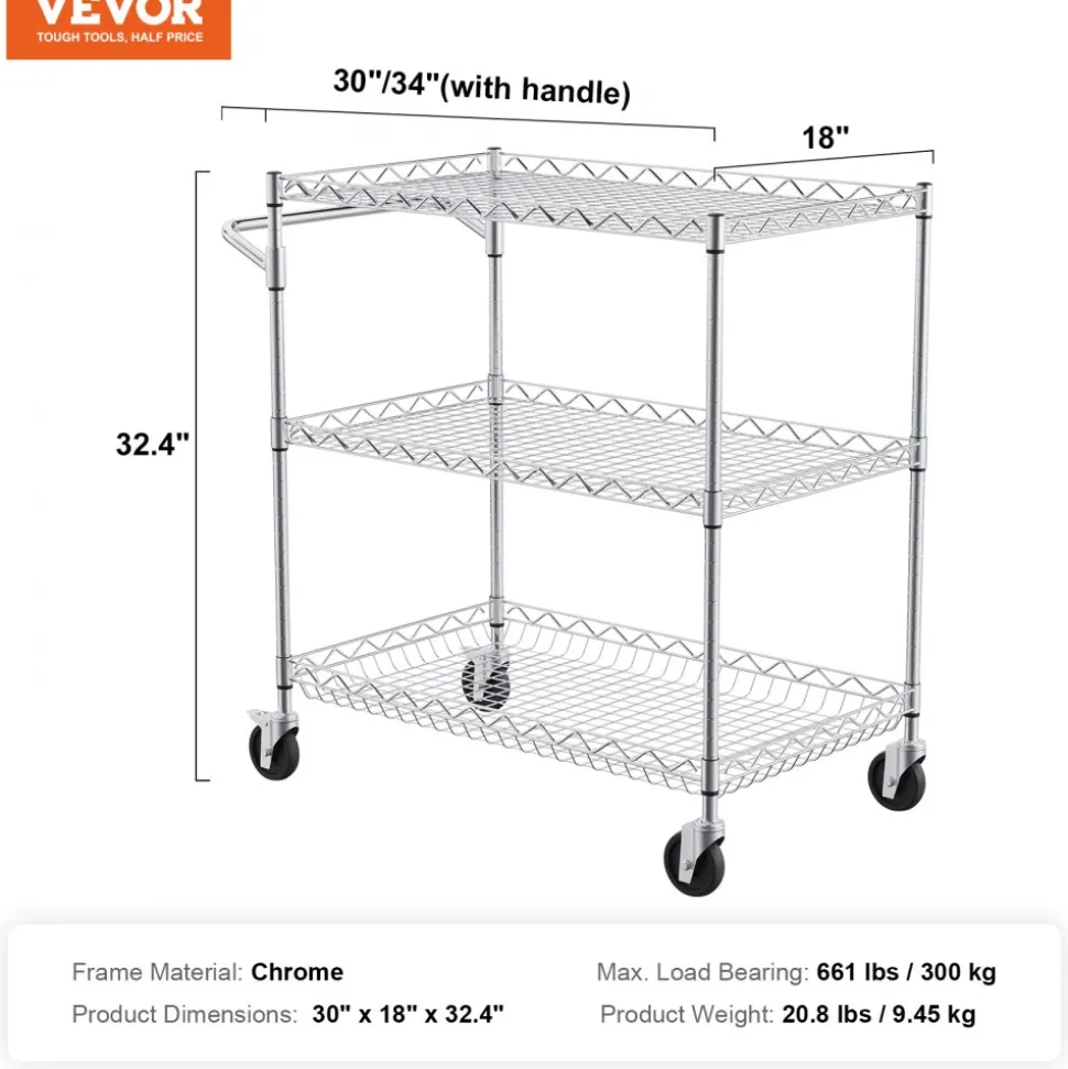 VEVOR Kitchen Utility Cart, 3 Tiers, Wire Rolling Cart with 661LBS Capacity, Steel Service Cart on Wheels, Metal Storage Trolley with 80mm Deep Basket Curved Handle 6 Hooks, for Indoor and Outdoor Use