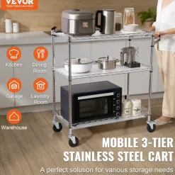 VEVOR Kitchen Utility Cart, 3 Tiers, Wire Rolling Cart with 661LBS Capacity, Steel Service Cart on Wheels, Metal Storage Trolley with 80mm Basket Curved Handle PP Liner 6 Hooks, for Indoor and Outdoor