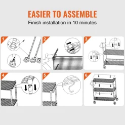 VEVOR Kitchen Utility Cart, 3 Tiers, Wire Rolling Cart with 661LBS Capacity, Steel Service Cart on Wheels, Metal Storage Trolley with 80mm Basket Curved Handle PP Liner 6 Hooks, for Indoor and Outdoor