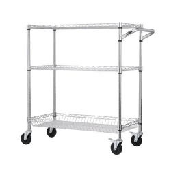 VEVOR Kitchen Utility Cart, 3 Tiers, Wire Rolling Cart with 661LBS Capacity, Steel Service Cart on Wheels, Metal Storage Trolley with 80mm Basket Curved Handle PP Liner 6 Hooks, for Indoor and Outdoor