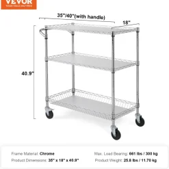 VEVOR Kitchen Utility Cart, 3 Tiers, Wire Rolling Cart with 661LBS Capacity, Steel Service Cart on Wheels, Metal Storage Trolley with 80mm Basket Curved Handle PP Liner 6 Hooks, for Indoor and Outdoor