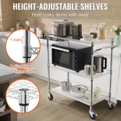 VEVOR Kitchen Utility Cart, 3 Tiers, Wire Rolling Cart with 661LBS Capacity, Steel Service Cart on Wheels, Metal Storage Trolley with 80mm Basket Curved Handle PP Liner 6 Hooks, for Indoor and Outdoor