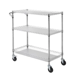 VEVOR Kitchen Utility Cart, 3 Tiers, Wire Rolling Cart with 661LBS Capacity, Steel Service Cart on Wheels, Metal Storage Trolley with 80mm Basket Curved Handle PP Liner 6 Hooks, for Indoor and Outdoor