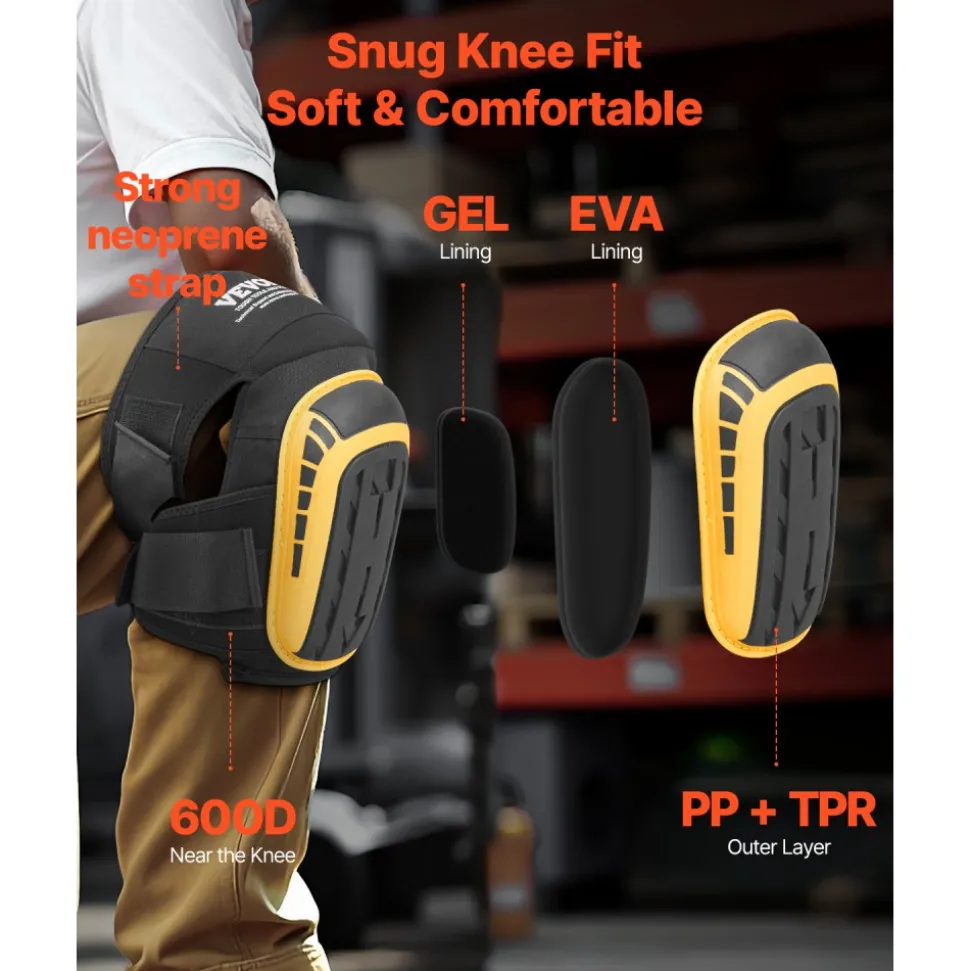 VEVOR Knee Pads for Work, Extended Heavy Duty Construction Knee Pads with 2 Extension Straps, Anti-slip Foam Gel Knee Pads, Men & Women, for Gardening Flooring Roofing and Cleaning, Yellow and Black
