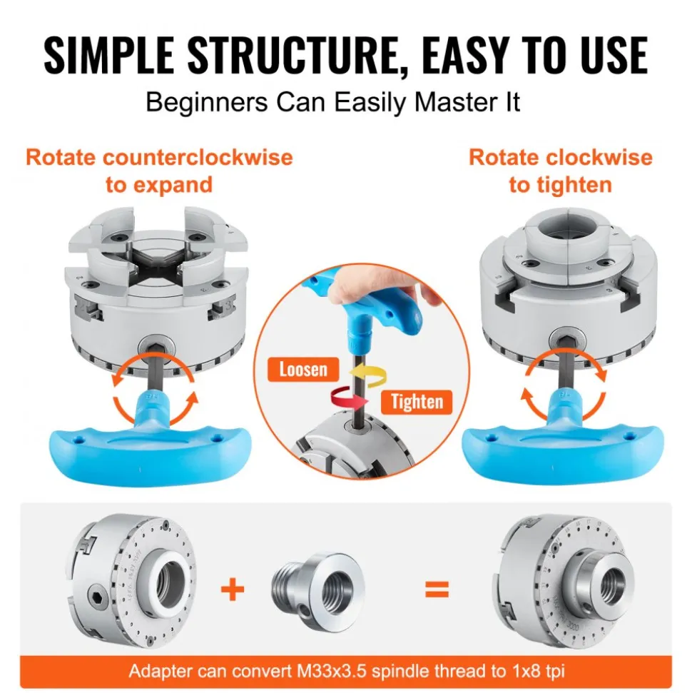 VEVOR KP965 Lathe Chuck, 4-Jaw 3.75" Diameter, Metal Lathe Chuck Turning Machine Accessories with 5 Sets of Jaws, Self-centering Tool, for Precision Machining, Grinding Machines, Milling Machines