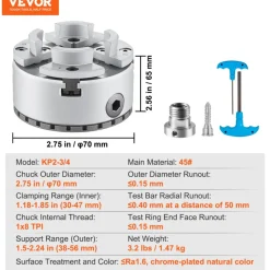 VEVOR KP2-3/4 Lathe Chuck, 4-Jaw 2.75