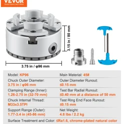 VEVOR KP96 Lathe Chuck, 4-Jaw 3.75" Diameter, Metal Lathe Chuck Turning Machine Accessories, Self-centering Tool, for Lathe, Precision Machining, Grinding Machines, Milling Machines