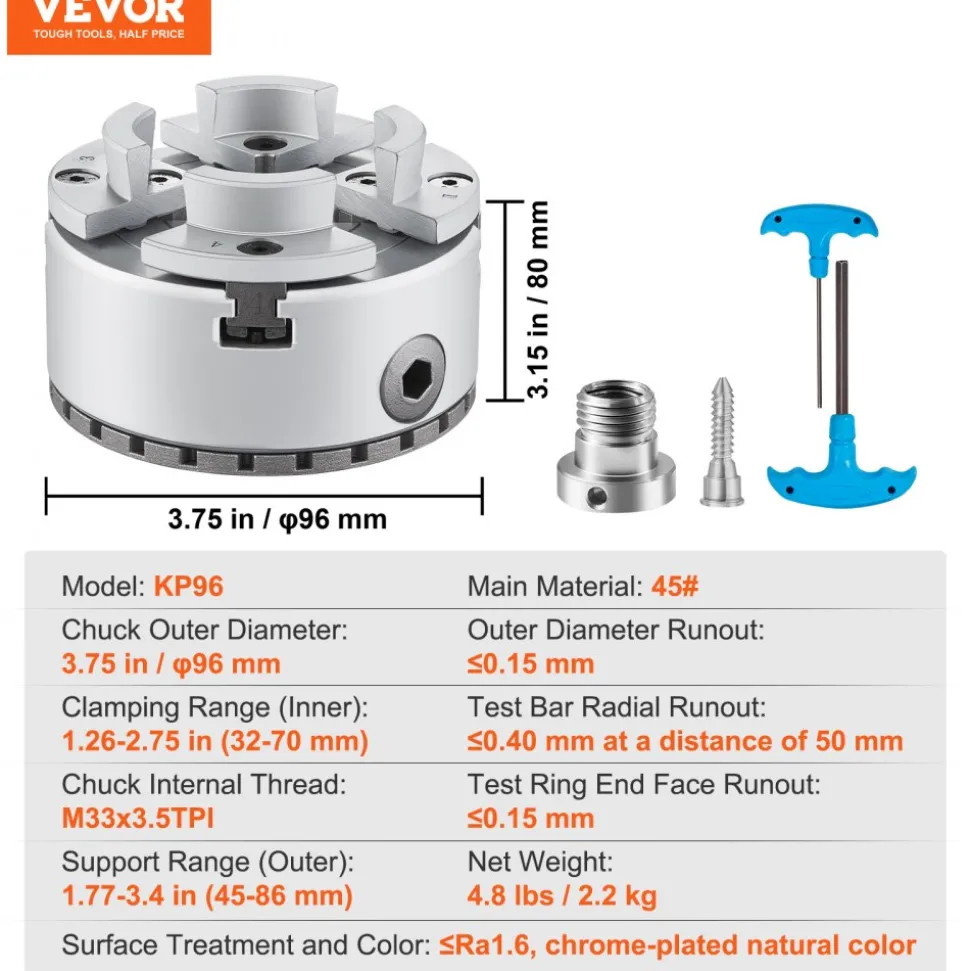 VEVOR KP96 Lathe Chuck, 4-Jaw 3.75" Diameter, Metal Lathe Chuck Turning Machine Accessories, Self-centering Tool, for Lathe, Precision Machining, Grinding Machines, Milling Machines