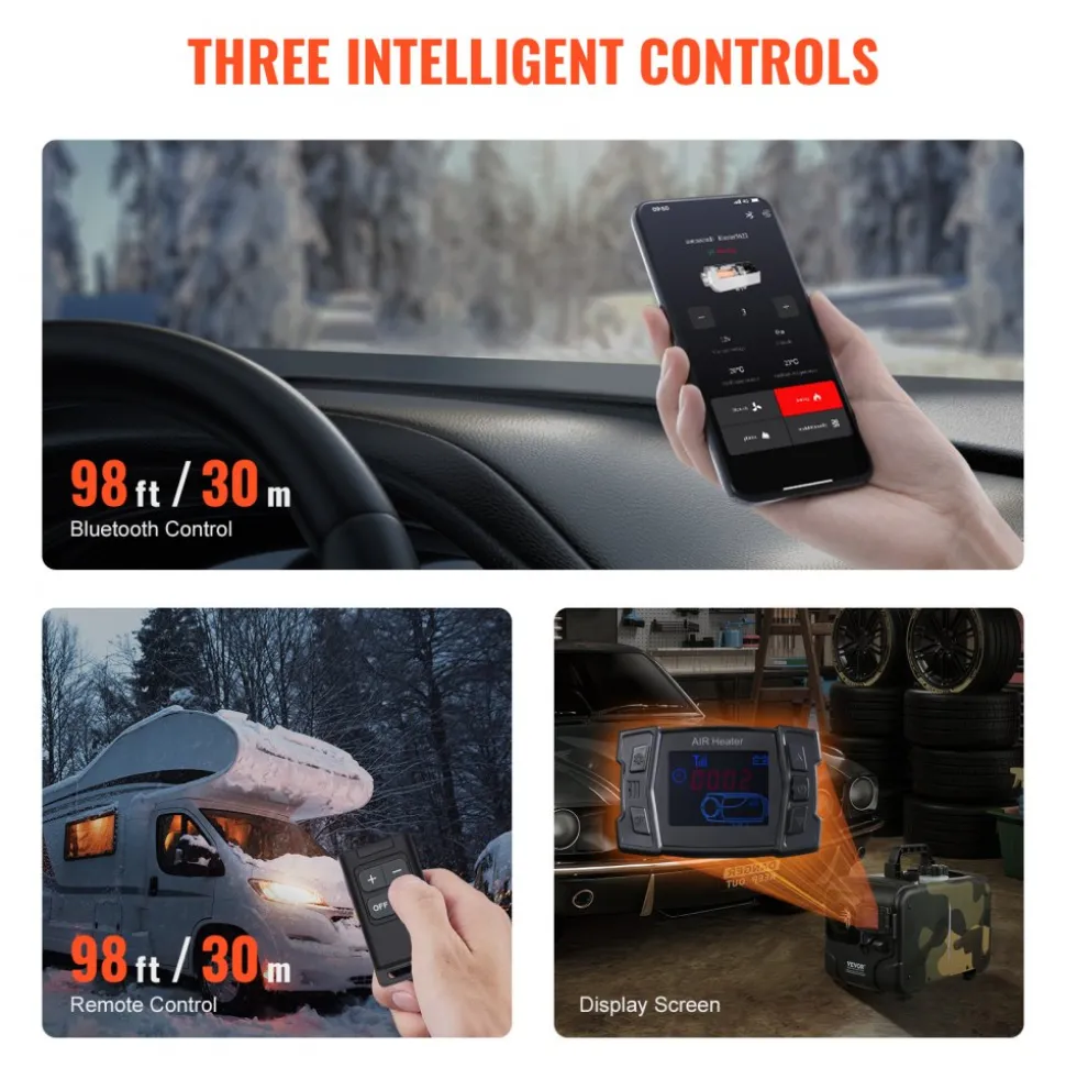 VEVOR 8KW Diesel Heater, 12V/24V All in One Diesel Air Heater, Bluetooth APP Control, Remote Control and Display Screen, CO Alarm, Fast Heating Horizontal Portable Diesel Heater for Vehicles, Garage