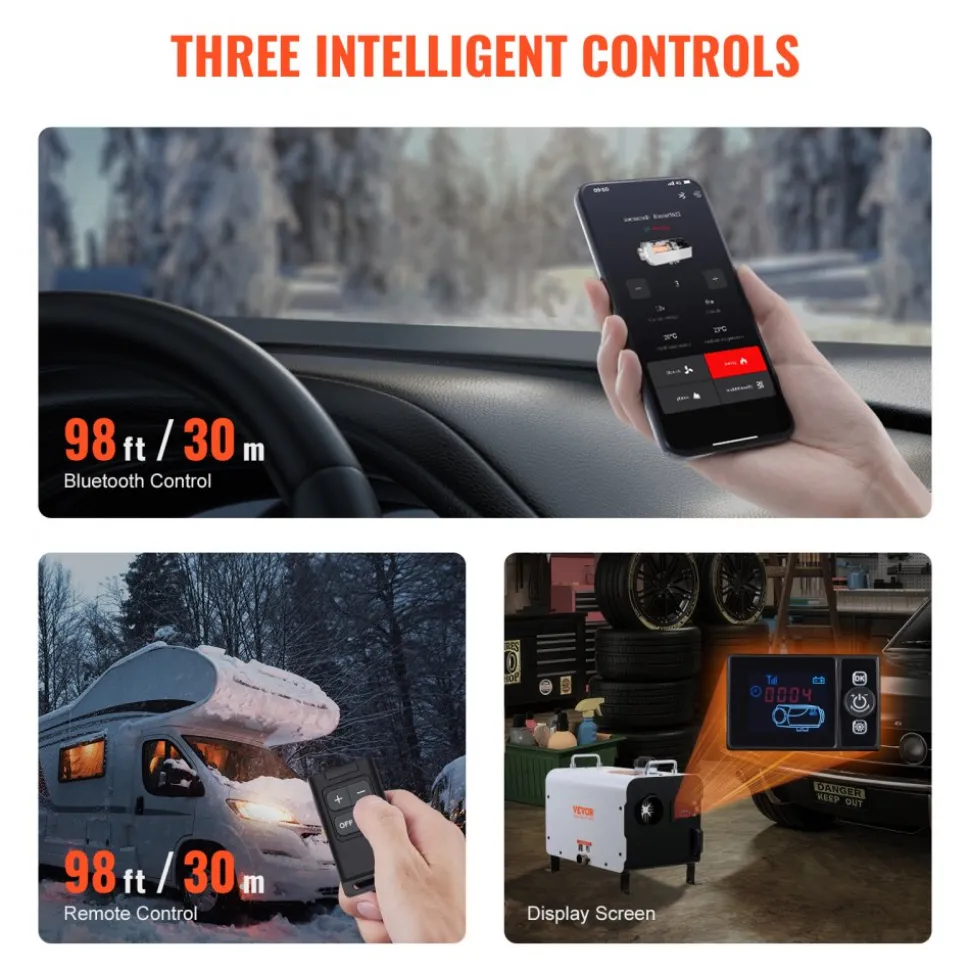 VEVOR 8KW Diesel Heater, 12V/24V All in One Diesel Air Heater, with Bluetooth APP Control, Remote Control and Display Screen, CO Alarm, Fast Heating Portable Diesel Heater for Vehicles and Outdoors