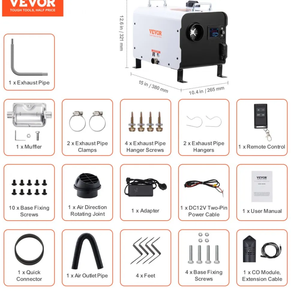 VEVOR 8KW Diesel Heater, 12V/24V All in One Diesel Air Heater, with Bluetooth APP Control, Remote Control and Display Screen, CO Alarm, Fast Heating Portable Diesel Heater for Vehicles and Outdoors
