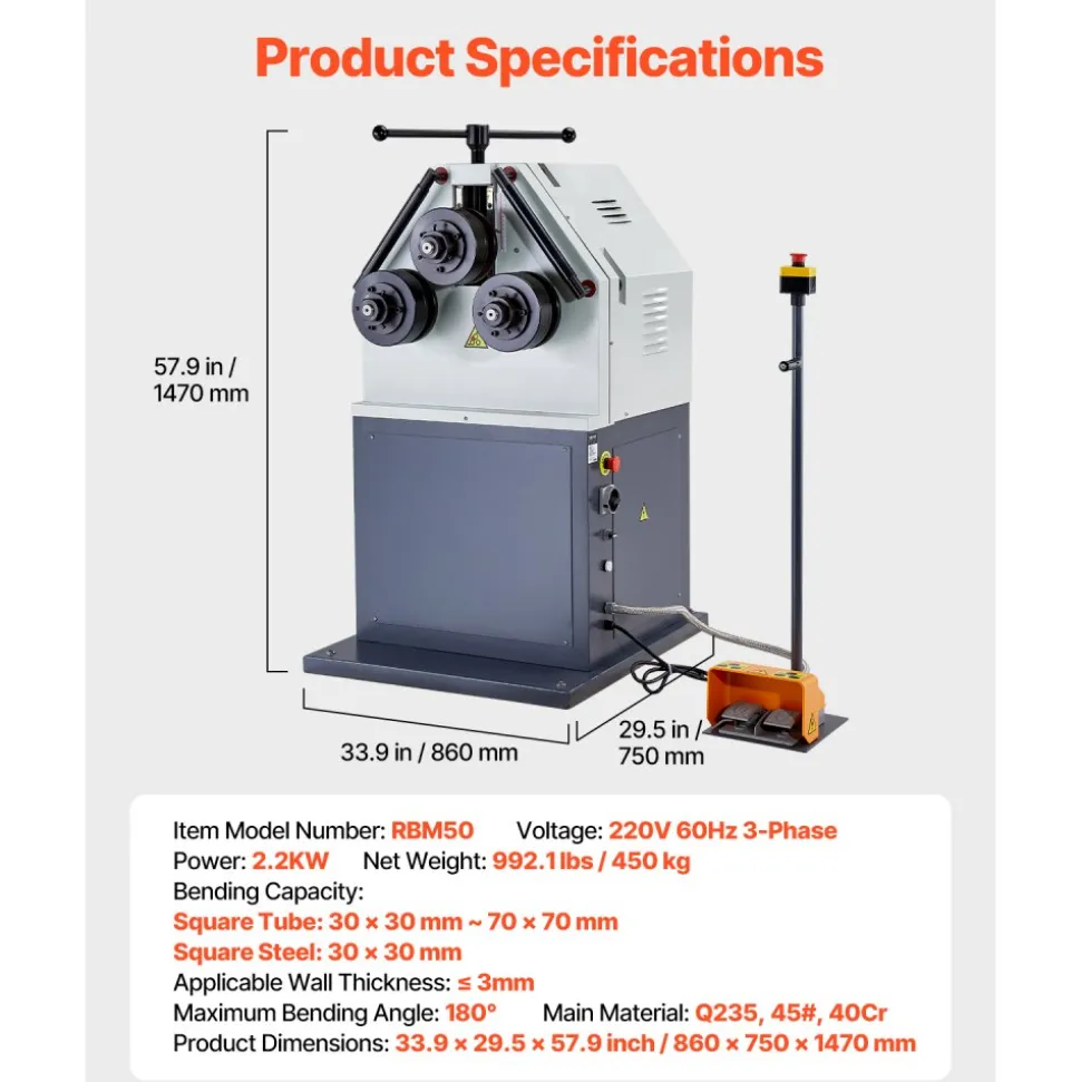 VEVOR 2.2KW Electric Roll Bending Machine, 3-Roller Electric Pipe Bender Machine with 180° Maximum Bending Angle & Reversible Foot Switch, Support Horizontal/Vertical Operation (220V 60Hz 3-Phase)