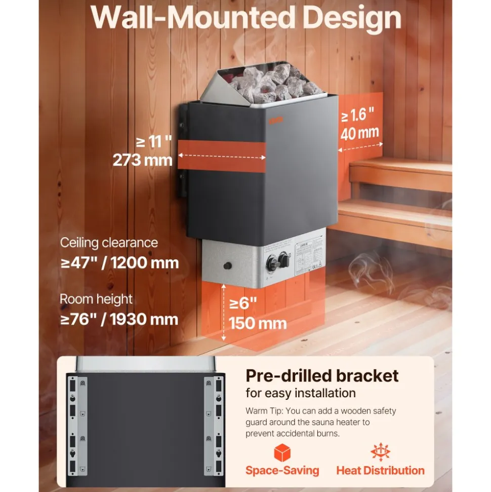 VEVOR 9KW Sauna Heater, Steam Bath Sauna Heater with Built-In Controls, Electric Sauna Stove, 3h Timer and Adjustable Temp for Max. 317-459 Cubic Feet, Home Hotel Spa Shower Use 220V