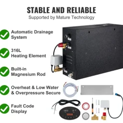 VEVOR 12KW Steam Shower Generator, Segmented Heating & Temperature Customization & 24h Timer Steam Kit, Automatic Drainage Home Steam Shower System Tested to UL Standards