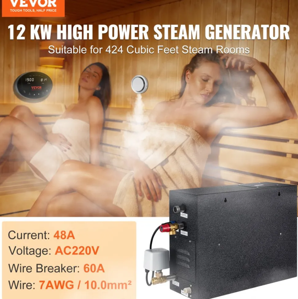 VEVOR 12KW Steam Shower Generator, Segmented Heating & Temperature Customization & 24h Timer Steam Kit, Automatic Drainage Home Steam Shower System Tested to UL Standards