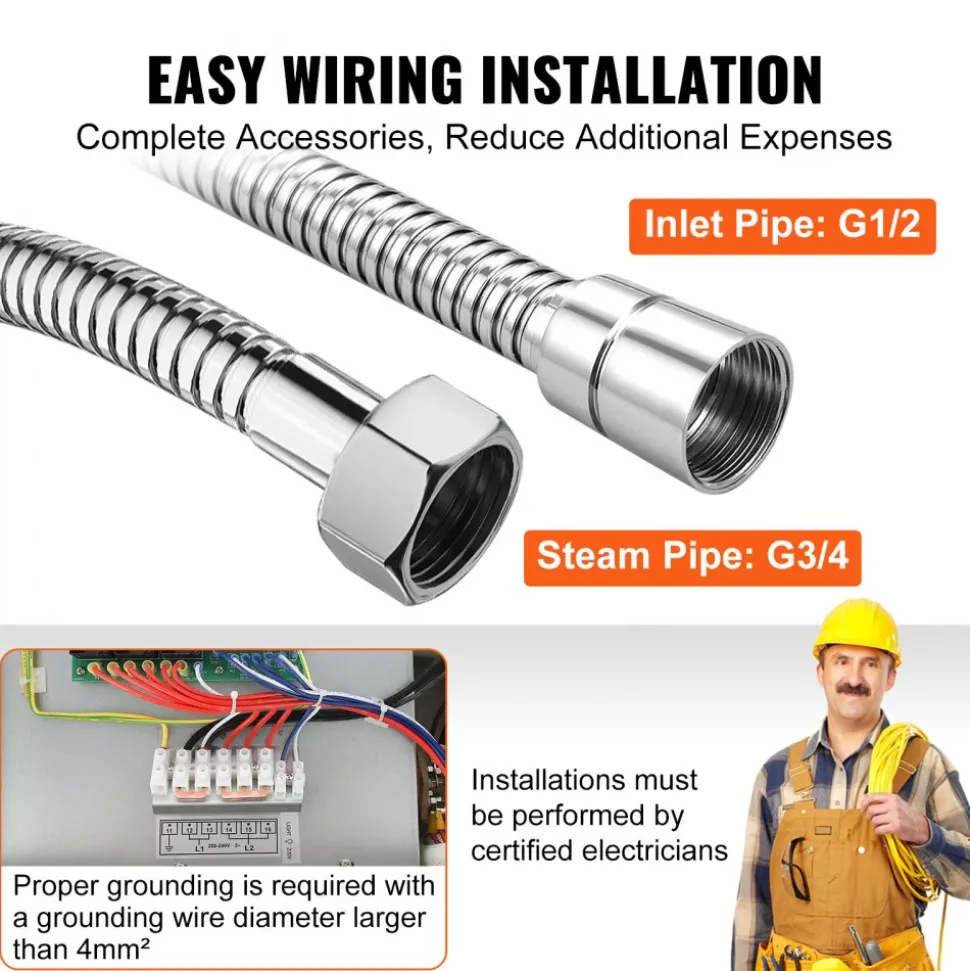 VEVOR 12KW Steam Shower Generator, Segmented Heating & Temperature Customization & 24h Timer Steam Kit, Automatic Drainage Home Steam Shower System Tested to UL Standards