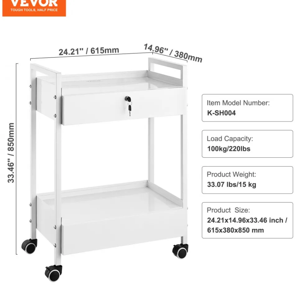 VEVOR Lab Cart, 2 Tiers Stainless Steel Utility Cart, Medical Cart with 2 Drawers, Rolling Lab Cart White Paint, Serving Cart with Swivel Casters for Laboratory, Hospital, Dental, Salon and Beauty