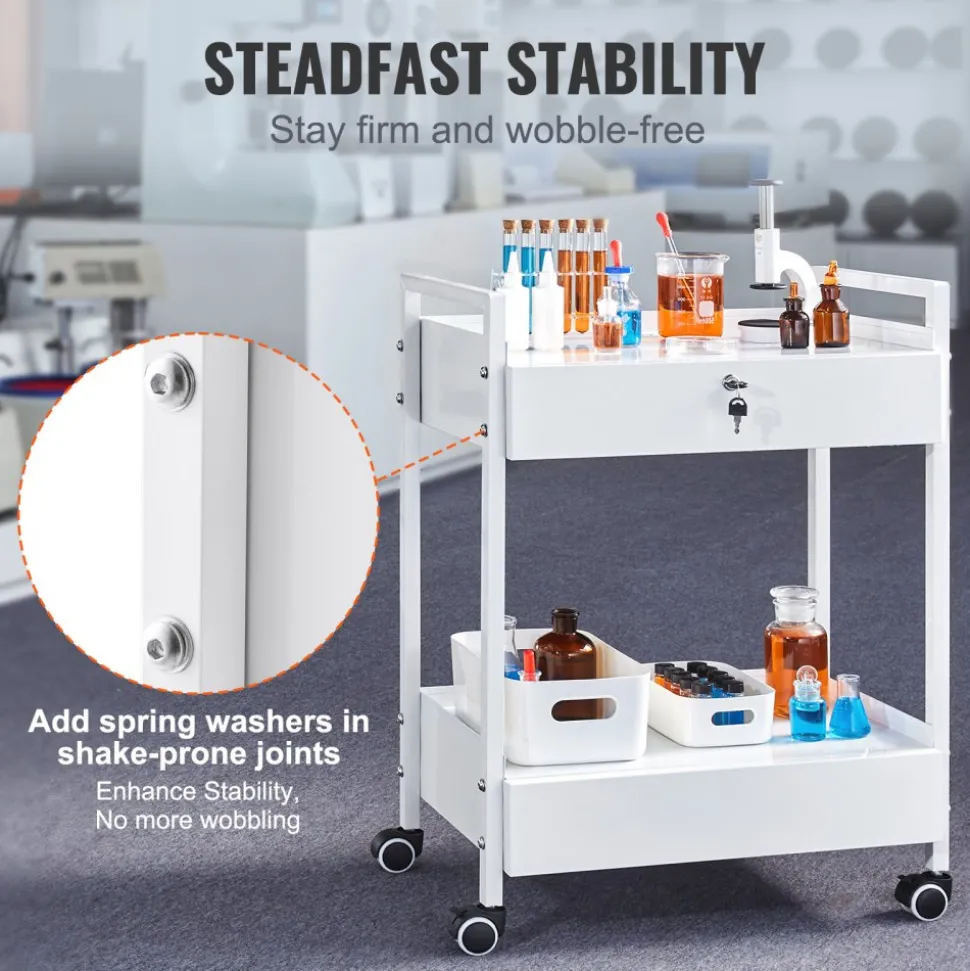 VEVOR Lab Cart, 2 Tiers Stainless Steel Utility Cart, Medical Cart with 2 Drawers, Rolling Lab Cart White Paint, Serving Cart with Swivel Casters for Laboratory, Hospital, Dental, Salon and Beauty