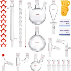 VEVOR Lab Distillation Kit, 3.3 Boro Lab Glassware Distillation Kit with 24, 40 Joint, 1000ml Essential Oil Distillation Apparatus Kit, 29 pcs Set of Glassware Equipment