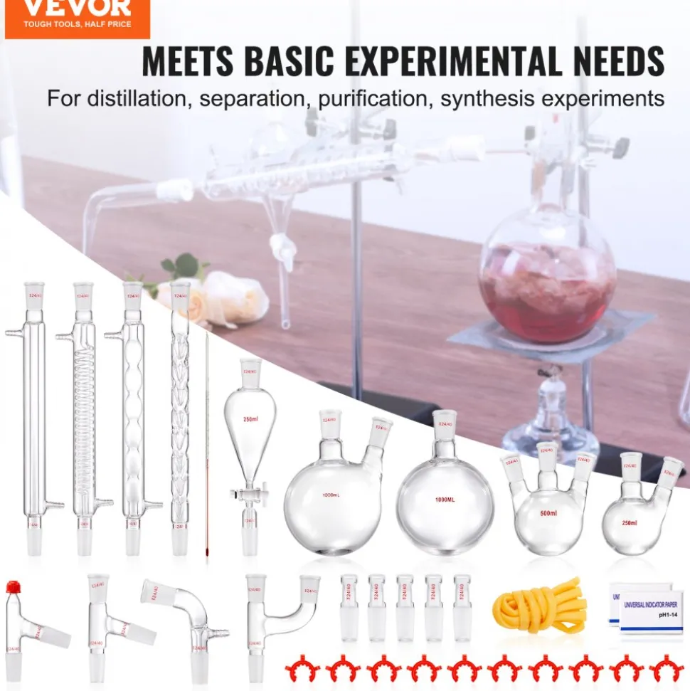 VEVOR Lab Distillation Kit, 3.3 Boro Lab Glassware Distillation Kit with 24, 40 Joint, 1000ml Essential Oil Distillation Apparatus Kit, 32 pcs Set of Glassware Equipment