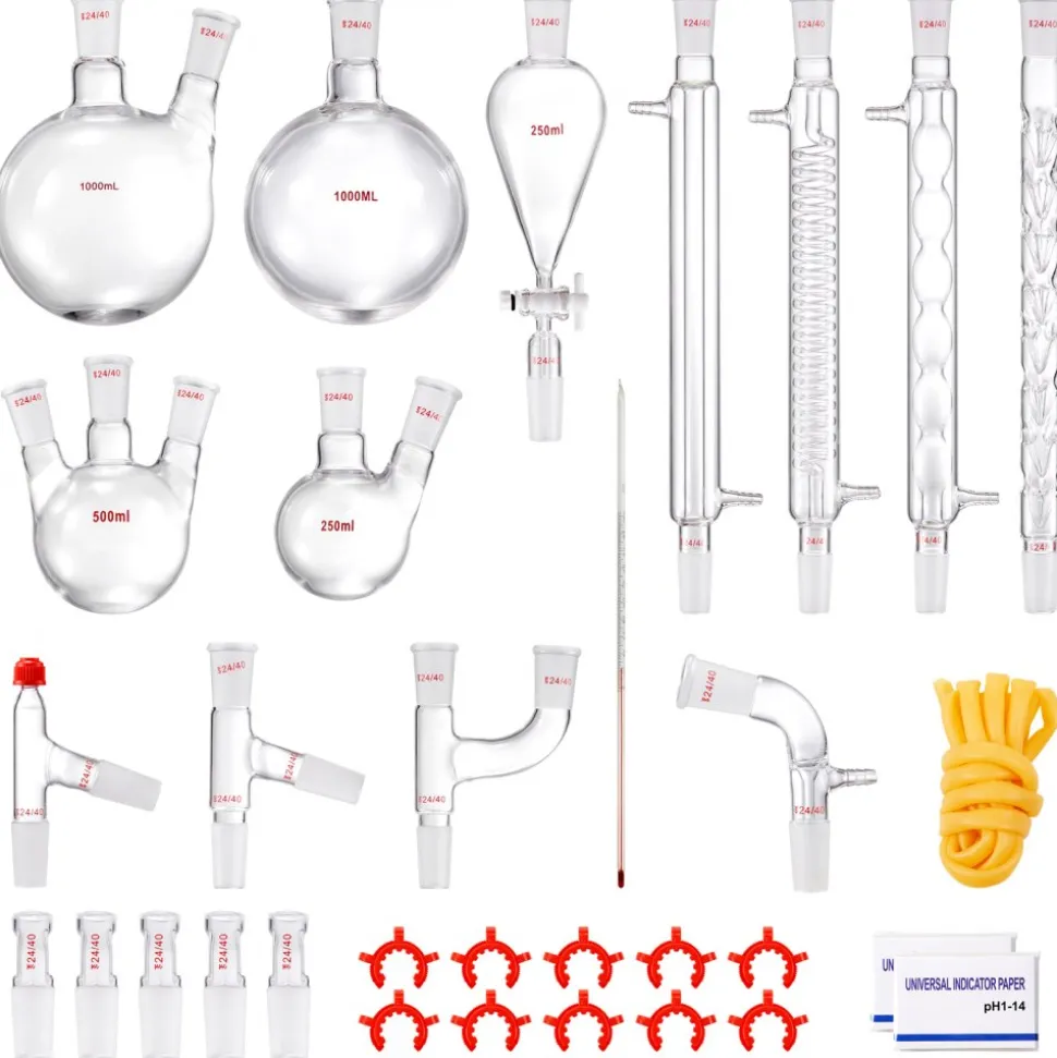 VEVOR Lab Distillation Kit, 3.3 Boro Lab Glassware Distillation Kit with 24, 40 Joint, 1000ml Essential Oil Distillation Apparatus Kit, 32 pcs Set of Glassware Equipment