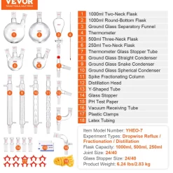 VEVOR Lab Distillation Kit, 3.3 Boro Lab Glassware Distillation Kit with 24, 40 Joint, 1000ml Essential Oil Distillation Apparatus Kit, 32 pcs Set of Glassware Equipment