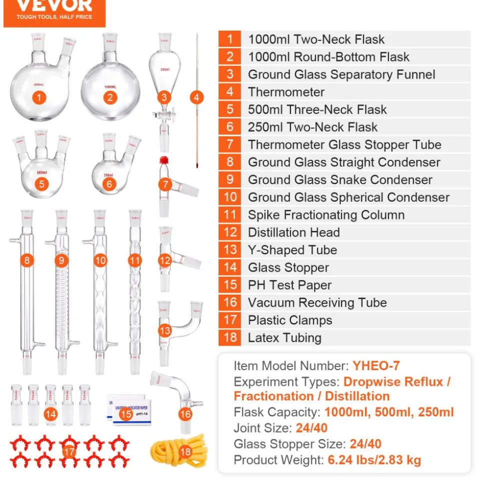VEVOR Lab Distillation Kit, 3.3 Boro Lab Glassware Distillation Kit with 24, 40 Joint, 1000ml Essential Oil Distillation Apparatus Kit, 32 pcs Set of Glassware Equipment