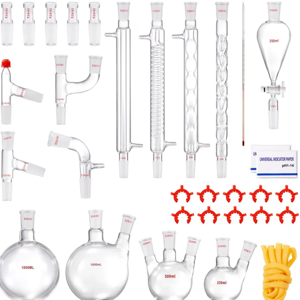 VEVOR Lab Distillation Kit, 3.3 Boro Lab Glassware Distillation Kit with 24, 40 Joint, 1000ml Essential Oil Distillation Apparatus Kit, 32 pcs Set of Glassware Equipment